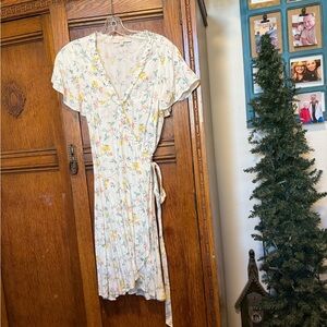 LOFT White Floral Midi Dress with Yellow Accents